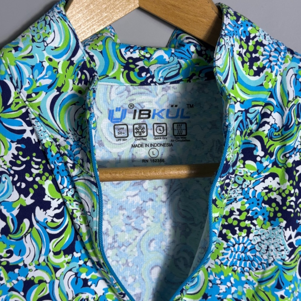 IBKUL Mock Golf Shirt Womens Size Large Floral Long Sleeve 1/4Zip Blue Marissa - Picture 3 of 9